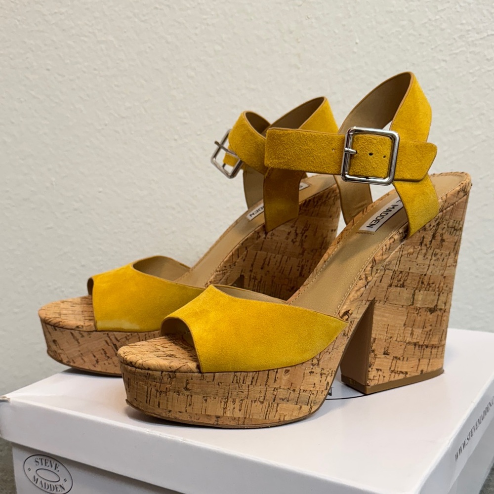 Steve Madden Mustard Platform Real Suede Wedge Sandals